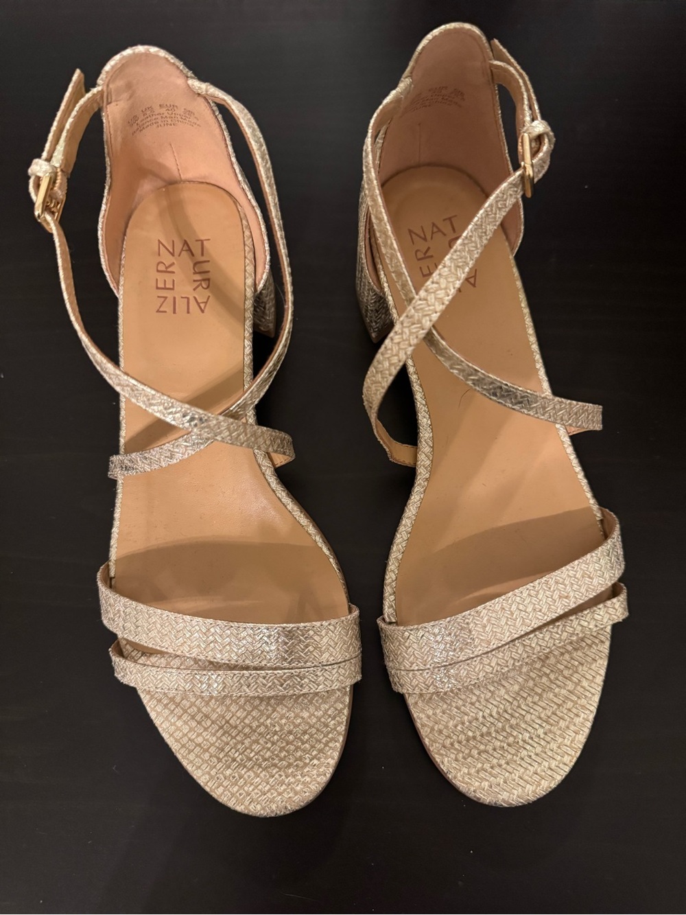 Naturalizer Metallic Gold Crisscross Low Block Heel Sandals